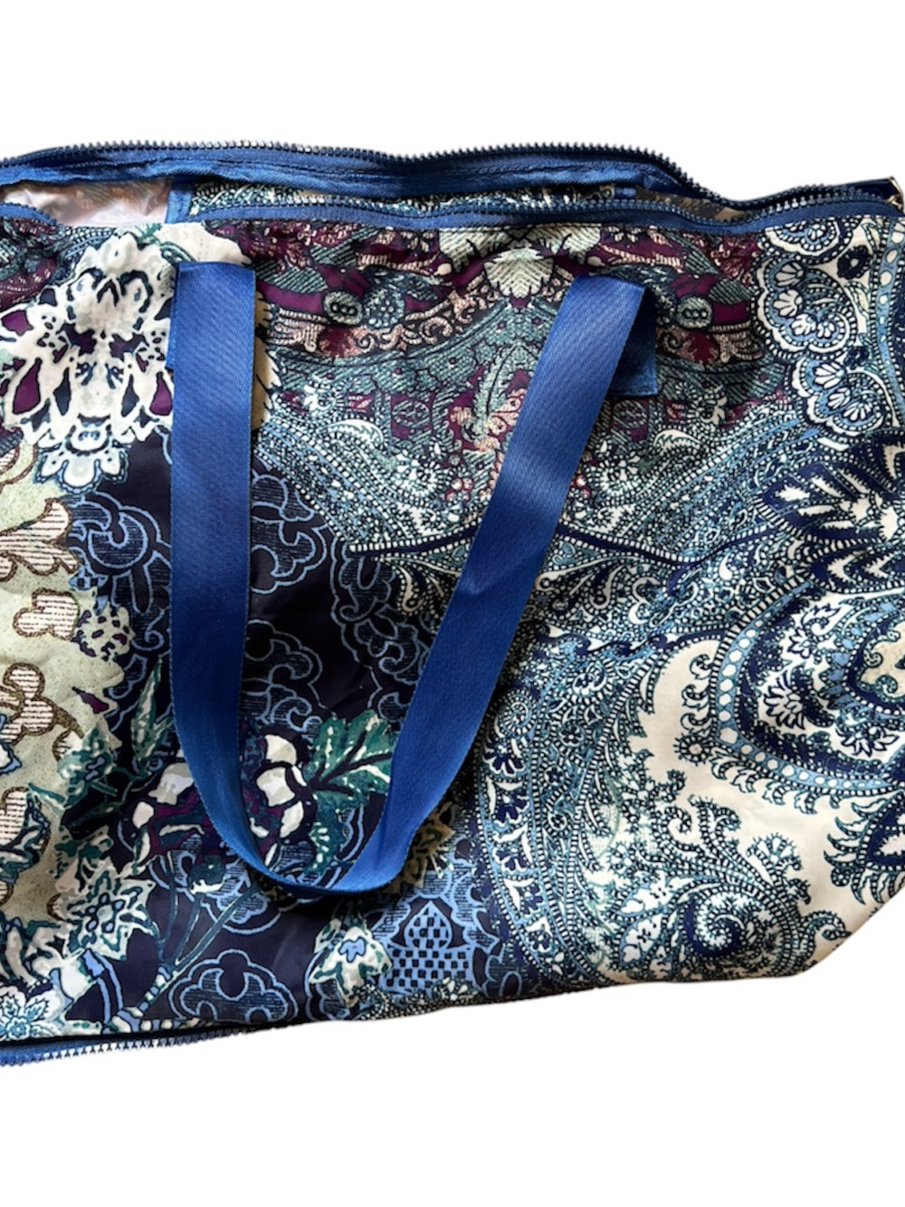 Chico's Packable Foldable Travel Tote Bag Paisley Blue Purple Large Expandable - Picture 2 of 13